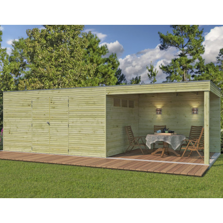 Gartenhaus Qube + Anbau 21,6m² aus 27mm druckimprägniertem Holz - Gardenas