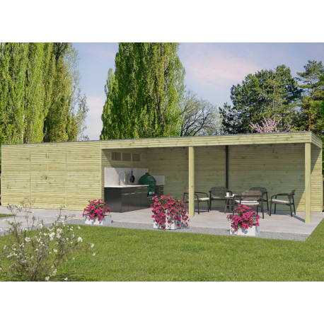Gartenhaus Qube + Anbau 30,6m² aus 27mm druckimprägniertem Holz - Gardenas