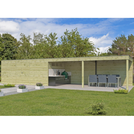 Gartenhaus Qube + Anbau 33m² aus 27mm druckimprägniertem Holz - Gardenas