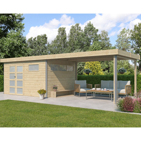 Gartenhaus Kasuko M 11,36m² + 400cm Anbau aus 28mm Massivholz mit Alu-Eckprofilen mit Tür + 2 Fenstern - Gardenas