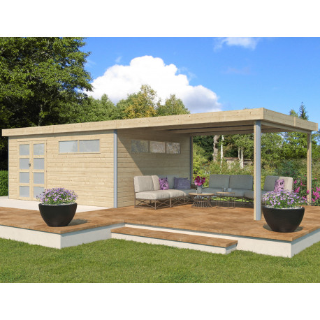 Gartenhaus Kasuko XXL 18,67m² + Anbau aus 28mm Massivholz mit Alu-Eckenprofilen + Tür und 2 Fenstern - Gardenas