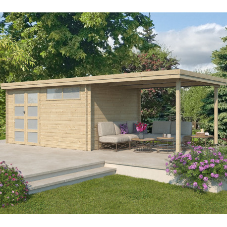 Modernes Gartenhaus Oregon 13,51m² + 300cm Anbau aus 28mm Massivholz mit Doppelglastür + Fenster - Gardenas