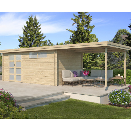 Modernes Gartenhaus Oregon 16,4m² + 300cm Anbau aus 28mm Massivholz mit Doppelglastür + Fenster - Gardenas