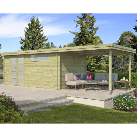 Modernes Gartenhaus Oregon 16,4m² + 300cm Anbau aus 28mm behandeltem Holz mit Doppelglastür + Fenster - Gardenas