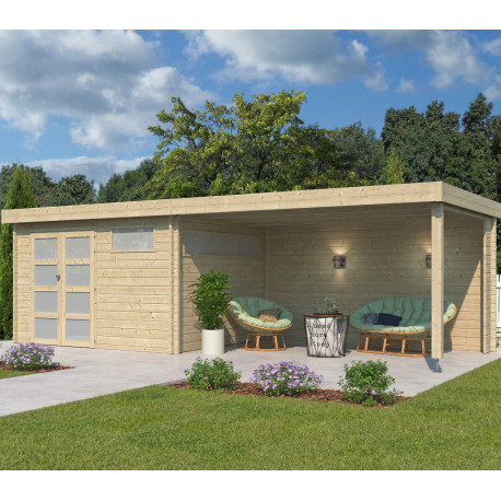 Gartenhaus Moderne 11,84m² + 400cm Anbau aus 44mm Massivholz mit Doppelglastür+2 Fenstern - Gardenas