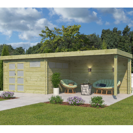 Gartenhaus Moderne 11,84m² + 400cm Anbau aus 44mm behandeltem Holz mit Doppelglastür+2 Fenstern - Gardenas