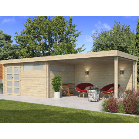 Gartenhaus Moderne 13,8m² + 400cm Anbau aus 44mm Massivholz mit Doppelglastür+2 Fenstern - Gardenas
