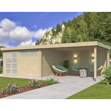 Gartenhaus Moderne 17,39m² + 400cm Anbau aus 44mm Massivholz mit Doppelglastür+2 Fenstern - Gardenas