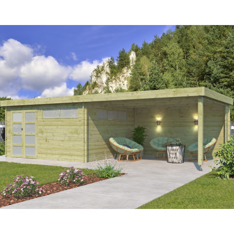 Gartenhaus Moderne 17,39m² + 400cm Anbau aus 44mm behandeltem Holz mit Doppelglastür+2 Fenstern - Gardenas