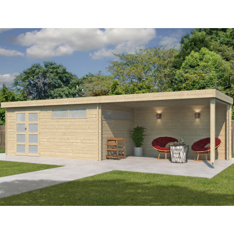 Gartenhaus Moderne 16,74m² + 400cm Anbau aus 44mm Massivholz mit Doppelglastür+2 Fenstern - Gardenas