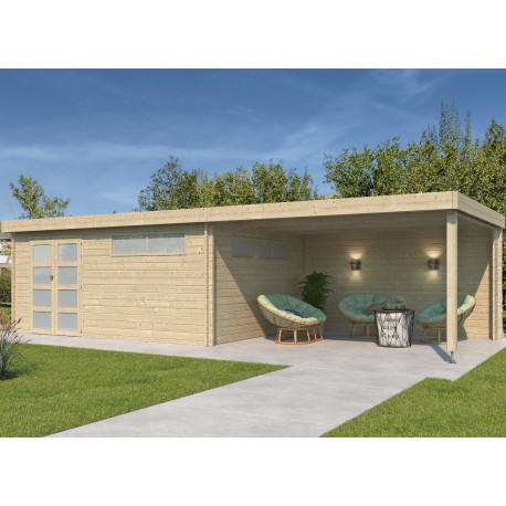 Gartenhaus Moderne 21,09m² + 400cm Anbau aus 44mm Massivholz mit Doppelglastür+2 Fenstern - Gardenas