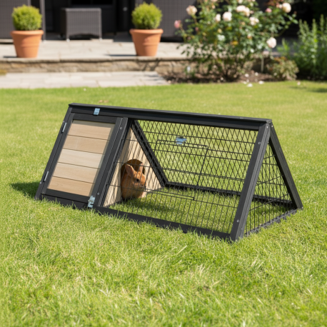Kleintierstall aus wärmebehandeltem FSC-Holz mit Freilaufgehege 116x53x92cm - Dreieck - Shelty Pet