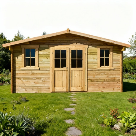 Gartenhaus aus Massivholz 398x398cm PLUS 28mm, vorbehandelt braun getönt Gardy Shelter