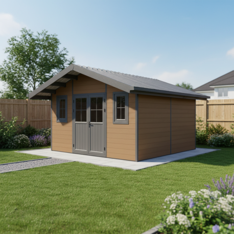 Gartenhaus aus WPC 28mm, Holzoptik braun, 384x384cm PREMIUM - Woodlife Garden