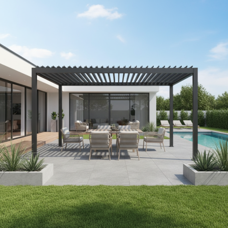 Pavillon mit Lamellendach aus Aluminium freistehend + motorisiert DOBLA mit doppelten Lamellen in Graphitschwarz 4x3m - X-METAL