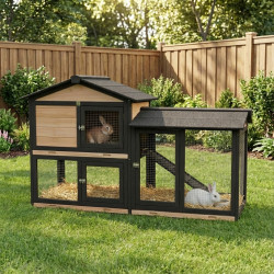 Kleintierstall aus thermobehandeltem FSC-Holz mit Freilaufgehege 147x53x92cm für 4 Kaninchen oder Nagetiere - Shelty Pet