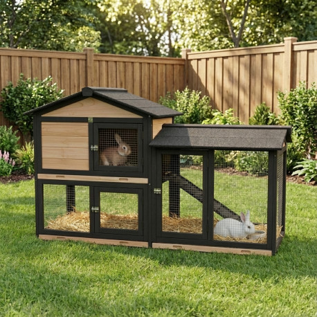 Kleintierstall aus thermobehandeltem FSC-Holz mit Freilaufgehege 147x53x92cm für 4 Kaninchen oder Nagetiere - Shelty Pet