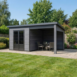 Gartenhaus aus WPC mit Pultdach und Aluminiumgestell dunkelgrau 7,8m² + 7,8m² Terrasse - Woodlife Garden