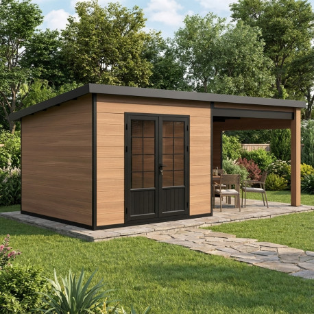 Gartenhaus aus WPC mit Pultdach und Aluminiumgestell Altholzoptik 7,8m² + 7,8m² Terrasse - Woodlife Garden