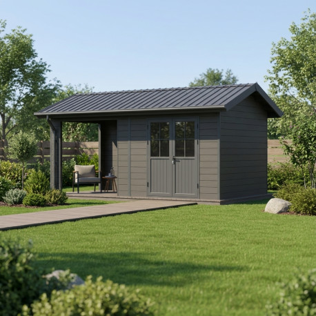 Gartenhaus + Terrasse aus WPC 28mm in Dunkelgrau und Anthrazit 15m² PREMIUM - Woodlife Garden