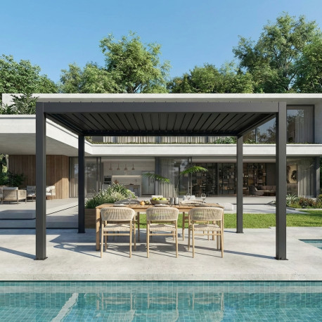 Pavillon mit Lamellendach aus Aluminium freistehend DELUXE mit doppelten Lamellen in Graphitschwarz 3,5x5m Fernsteuerung X-METAL