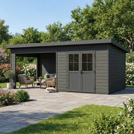 Gartenhaus mit Terrasse und Pultdach aus 28mm WPC in Dunkelgrau und Anthrazit 16,8m² PREMIUM - Woodlife Garden
