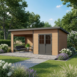 Gartenhaus mit Terrasse und Pultdach aus 28mm WPC in Holzoptik 16,8m² PREMIUM - Woodlife Garden