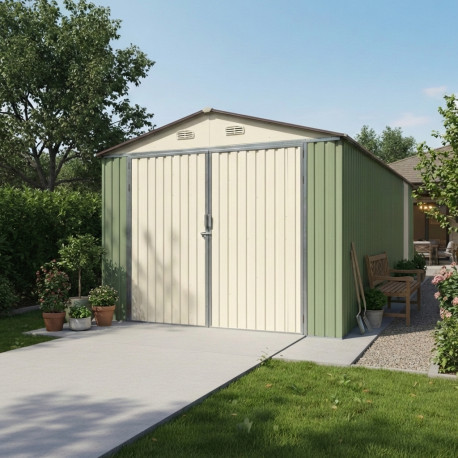 Garage aus Metall mit Doppeltor, Blassgrün und Creme 18m² + Verankerungskit X-METAL