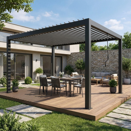 Pavillon mit Lamellendach NEWSTEEL aus verzinktem Stahl in Anthrazit 4x4m H250cm - X-METAL