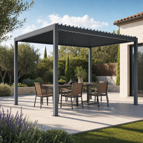 Elektrischer Pavillon mit Lamellendach aus Aluminium in Anthrazit 3x4m - mit Fernbedienung - X-METAL