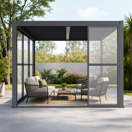 Schiebewände aus transparentem Polycarbonat 3mm für die 3m-Seite des Pavillons - X-METAL