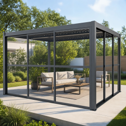 Schiebewände aus transparentem Polycarbonat 3mm für die 4m-Seite des Pavillons - X-METAL
