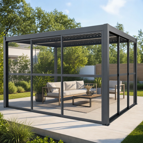 Schiebewände aus transparentem Polycarbonat 3mm für die 4m-Seite des Pavillons - X-METAL