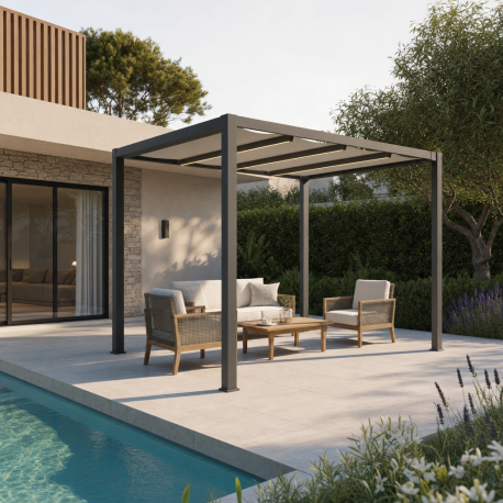Pavillon mit motorisiertem, einziehbarem Tuch aus Aluminium in Graphitschwarz, freistehend 3x3m - X-METAL