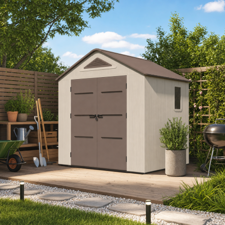 Gartenhaus Sunlife aus HDPE 4,5m² cremefarben und braun + Fußboden - JOBU