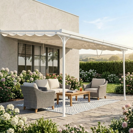 Einziehbarer Sonnenschutz beige für Terrassenüberdachung 300x436x240/290- X-METAL
