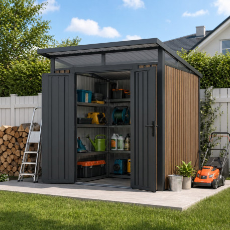 Gartenhaus aus verzinktem Stahl 0,4mm Woodsteel 4,5m² mit Pultdach + Verankerungskit - X-METAL