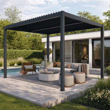 Pavillon mit Lamellendach aus Aluminium freistehend + motorisiert in Graphitschwarz 3x3m - mit Fernbedienung - X-METAL