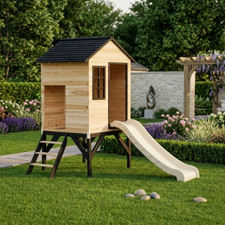Stelzenhaus aus thermobehandeltem FSC-Holz mit Rutsche Floutch - Abracadaprout