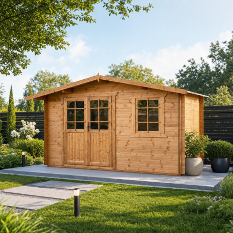 Gartenhaus aus Massivholz 12m² TOP 28mm kesseldruckimprägniert in Braun - Gardy Shelter - mit Fenster