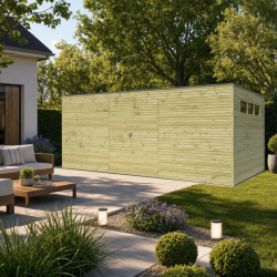 Gartenhaus Qube 15,3m² aus 27mm druckimprägniertem Holz mit Doppeltür + Fenster - Gardenas